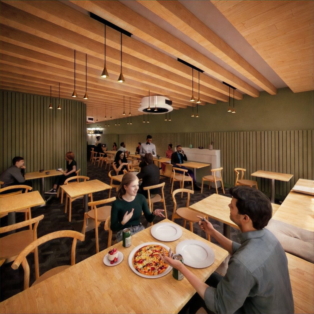 Dining room: olive green vertical slat walls, wood baffle ce